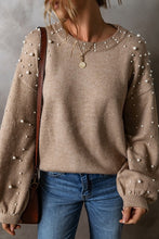 Load image into Gallery viewer, Pearl Drop Shoulder Round Neck Sweater
