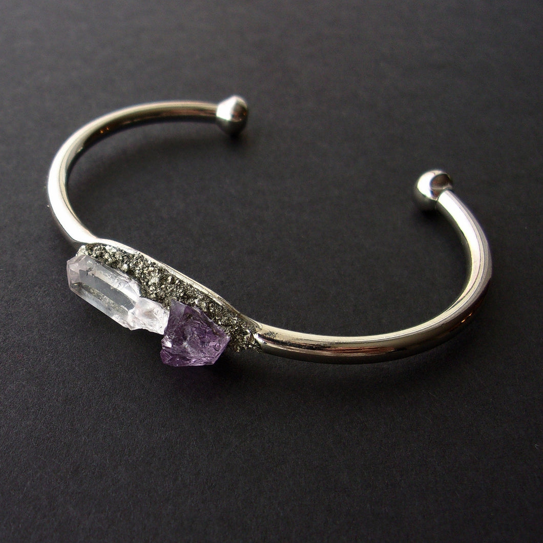 Pyrite, Amethyst, and Quartz Bangle, Gemstone Bracelet