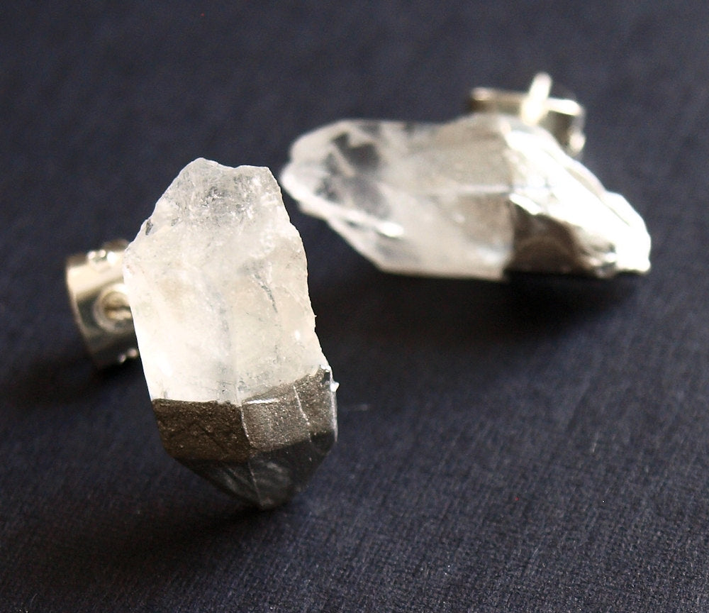 Silver & Raw Quartz Chunk Earrings, Geo Earrings, Rock Stud Earrings, Crystal Earrings