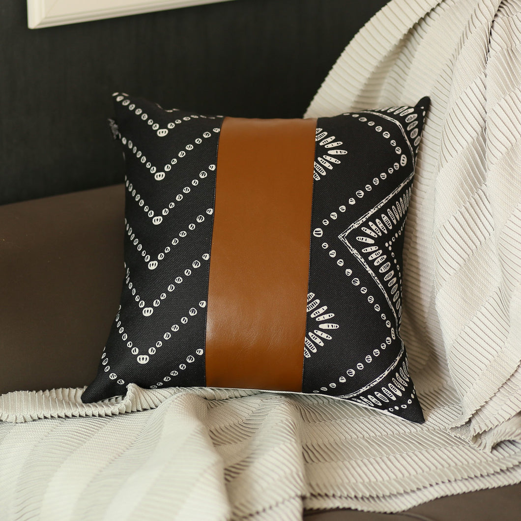 Boho Handcrafted Vegan Faux Leather Square Abstract Geometric 17 in. x 17 in. Throw Pillow Cover